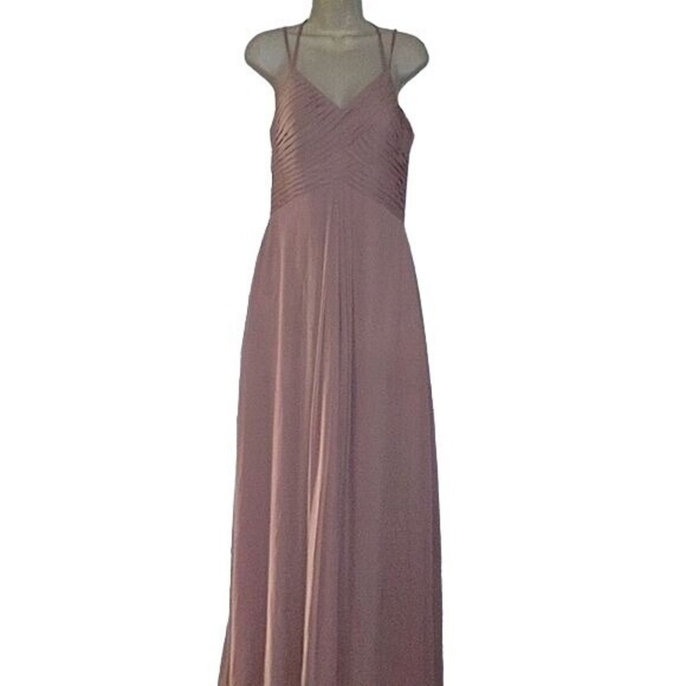 AZAZIE Mauve Chiffon Pleated V-Neck Gown Strappy Criss Cross Back Formal Dress